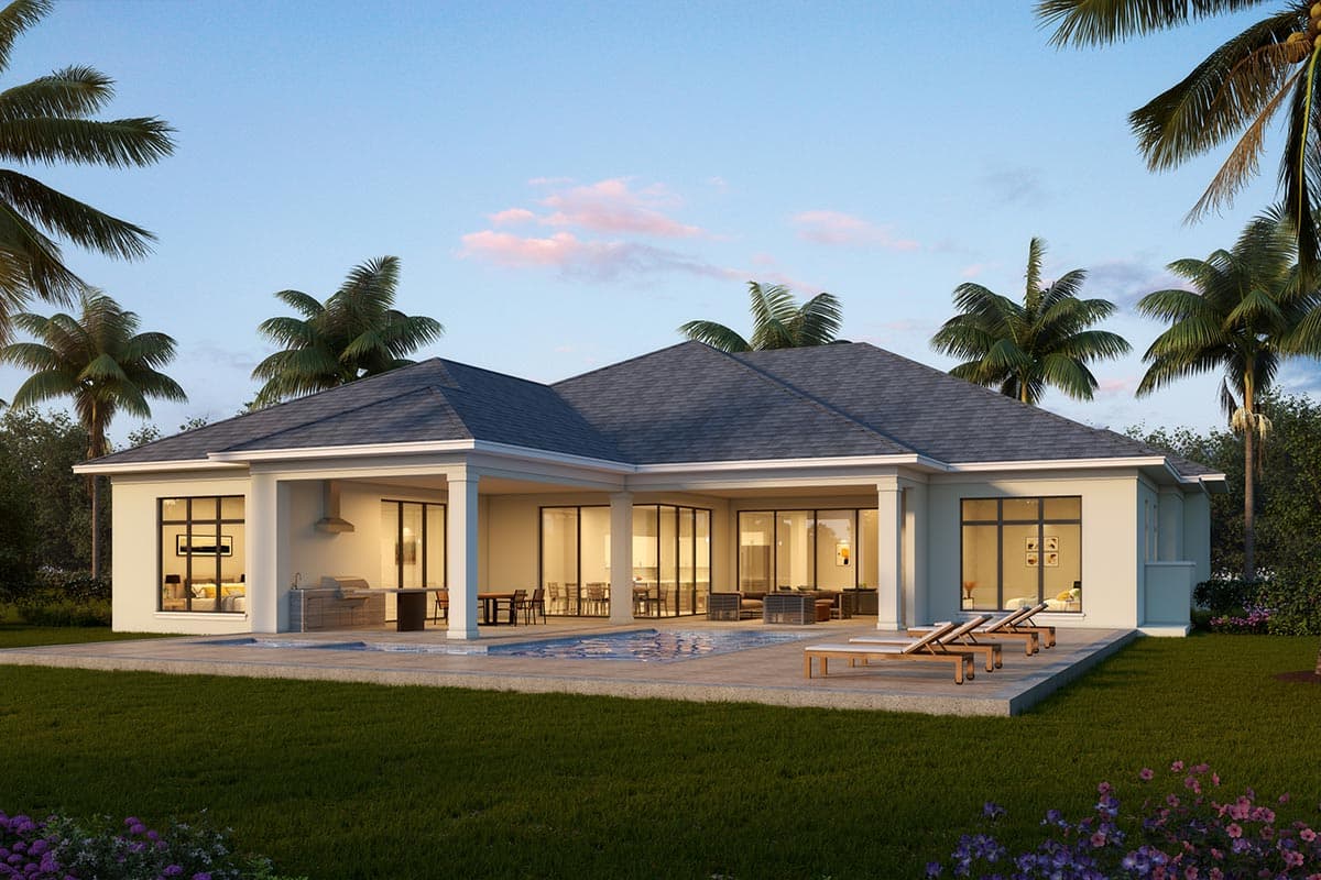 One-story house plan exterior with covered patio, outdoor kitchen, and swimming pool.