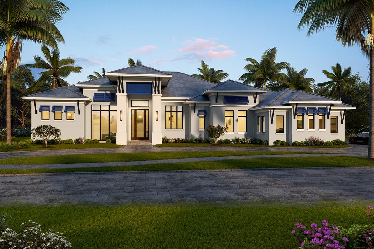 House plan exterior. One-story contemporary home with hipped roof, decorative brackets, and covered entryway. Features multiple gabled sections.