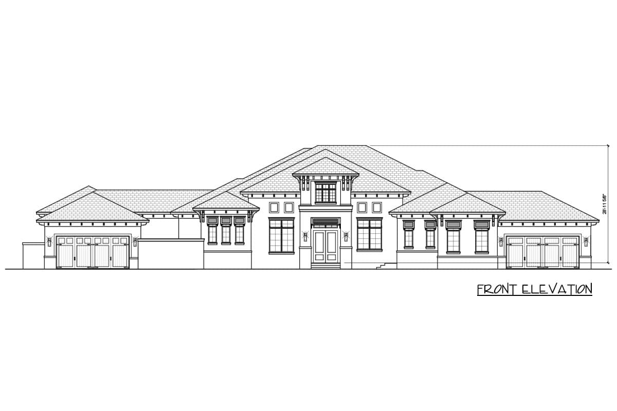 Front elevation drawing of a single-story house plan with a central gabled entrance, hip roofs, and two attached garages.