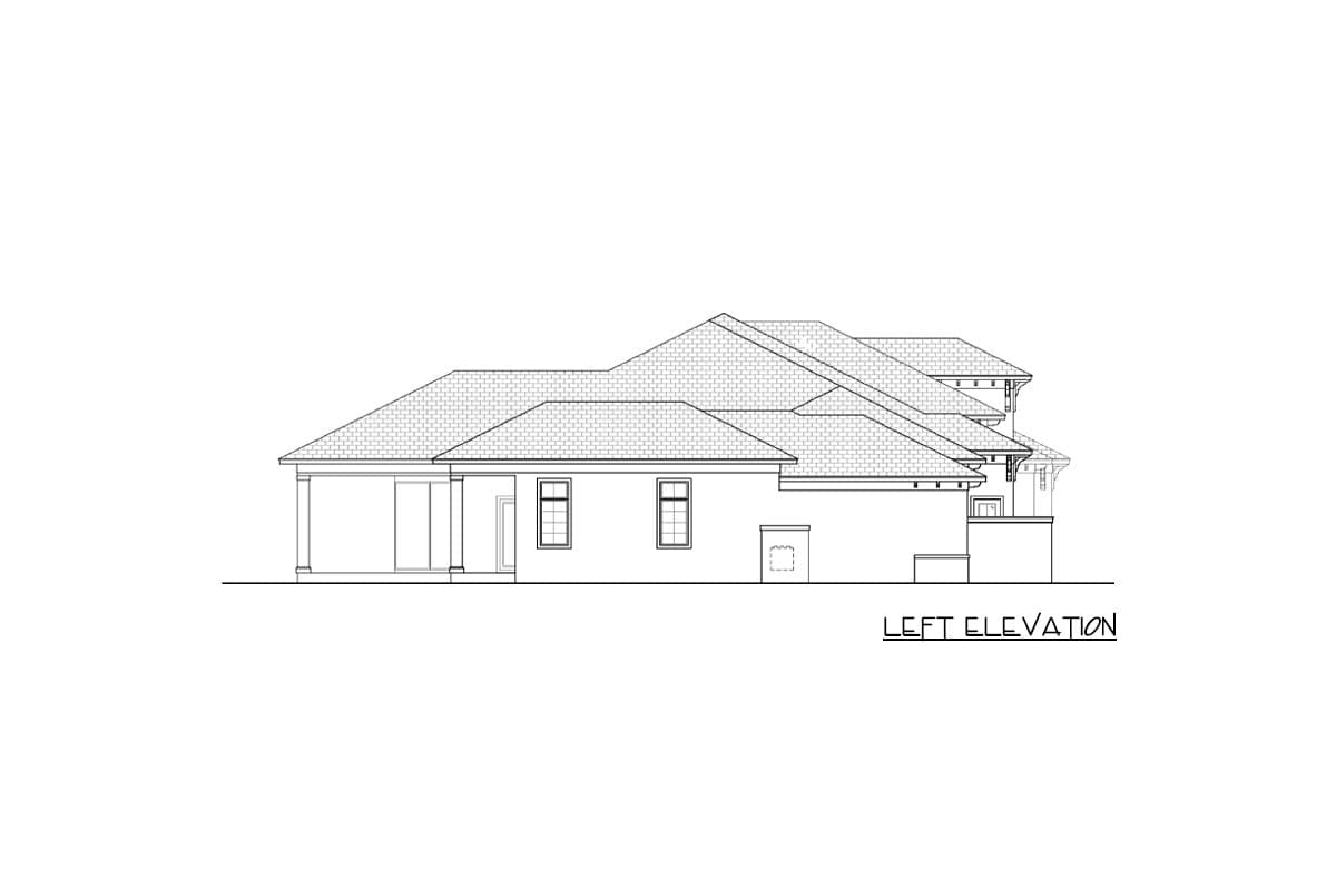 Left elevation drawing of a house plan with multiple rooflines, a covered porch, and several windows.