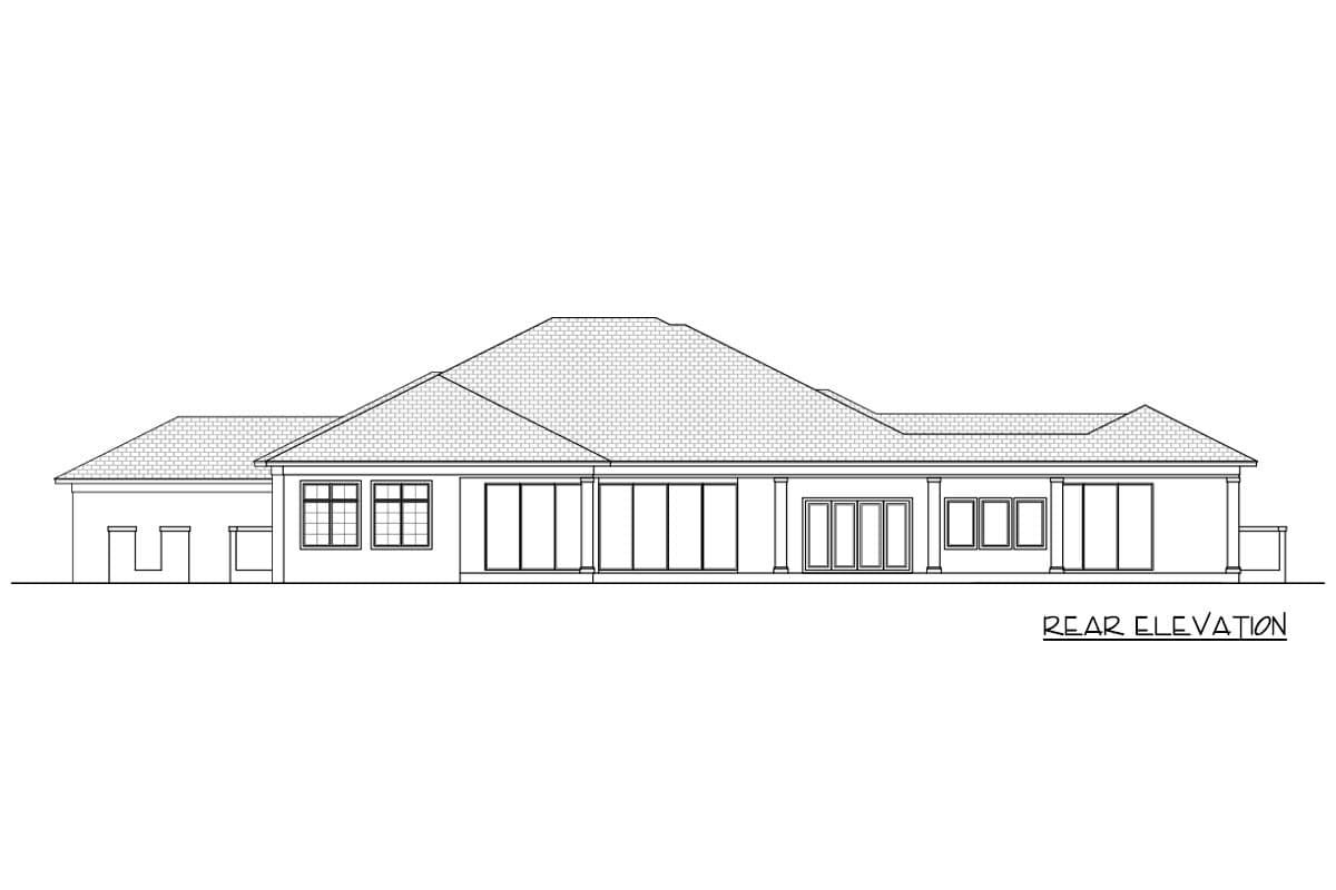 Rear elevation house plan: long section with multiple windows, folding doors, and a hipped roof.