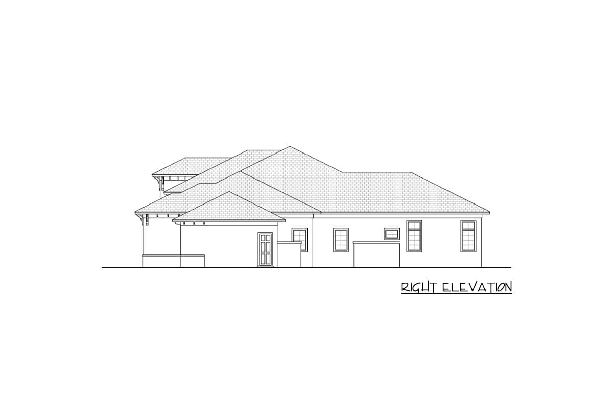 Right elevation drawing of a single-story house plan with multiple gables, a covered entrance, and numerous windows.