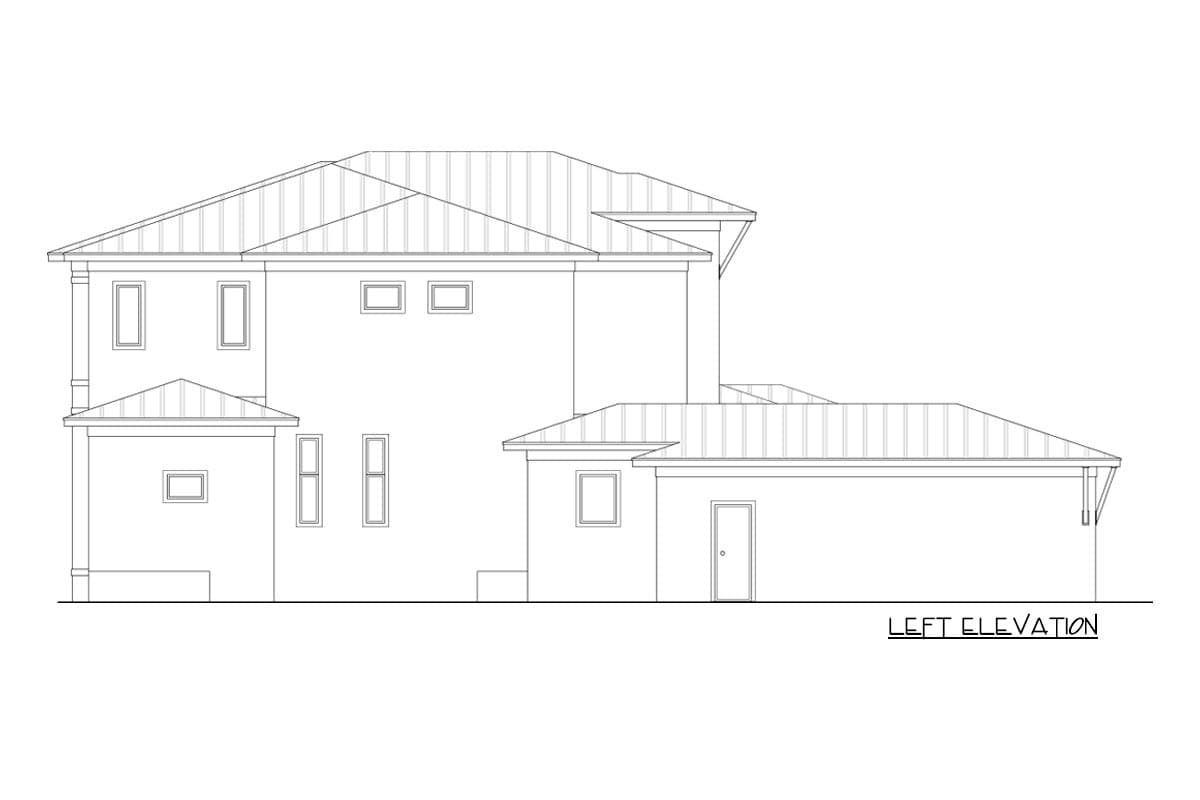 Left elevation house plan showing a two-story structure with a metal roof, multiple gables, and various window placements.