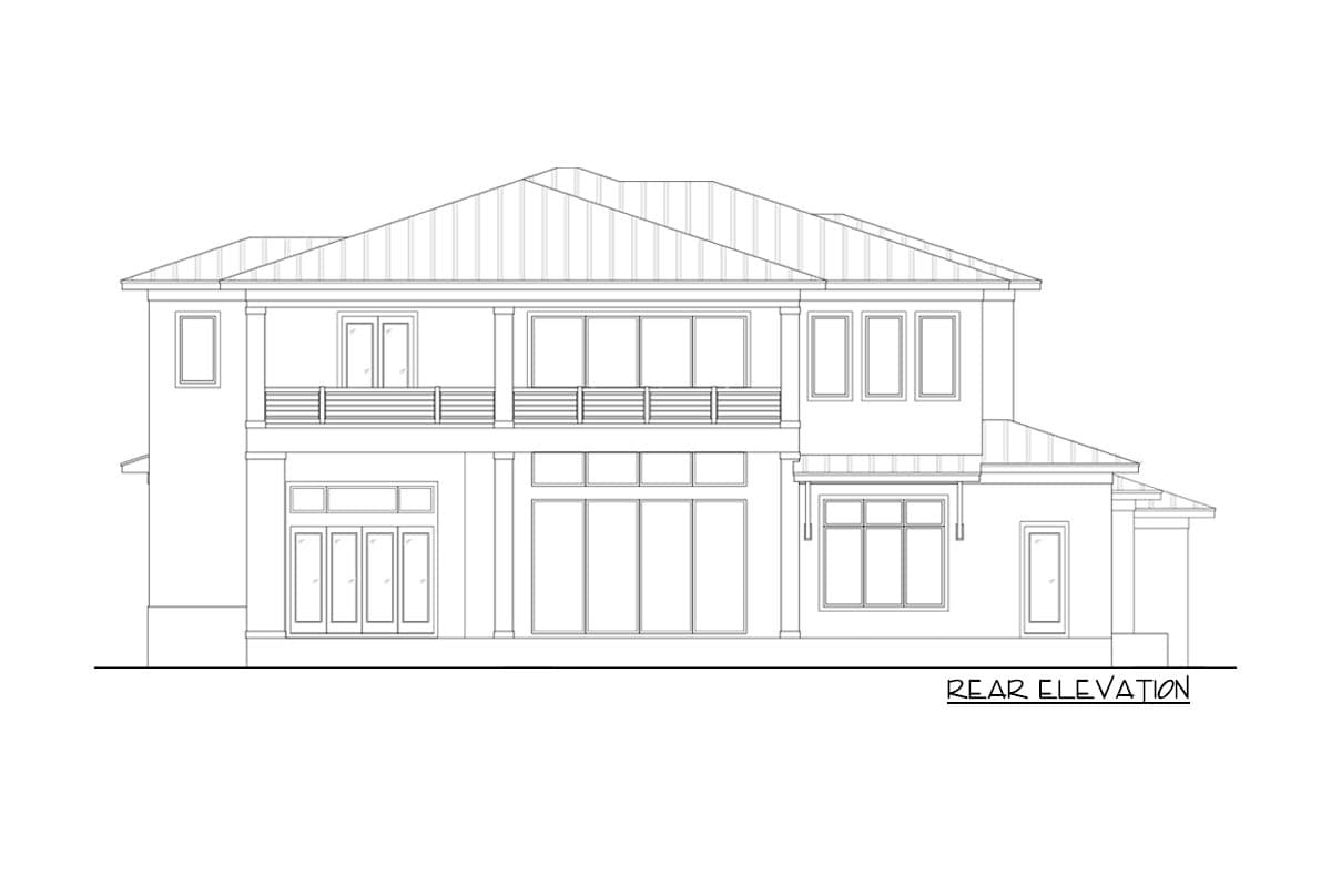 Rear elevation drawing of a two-story house plan with balconies, large windows, and a gabled roof.