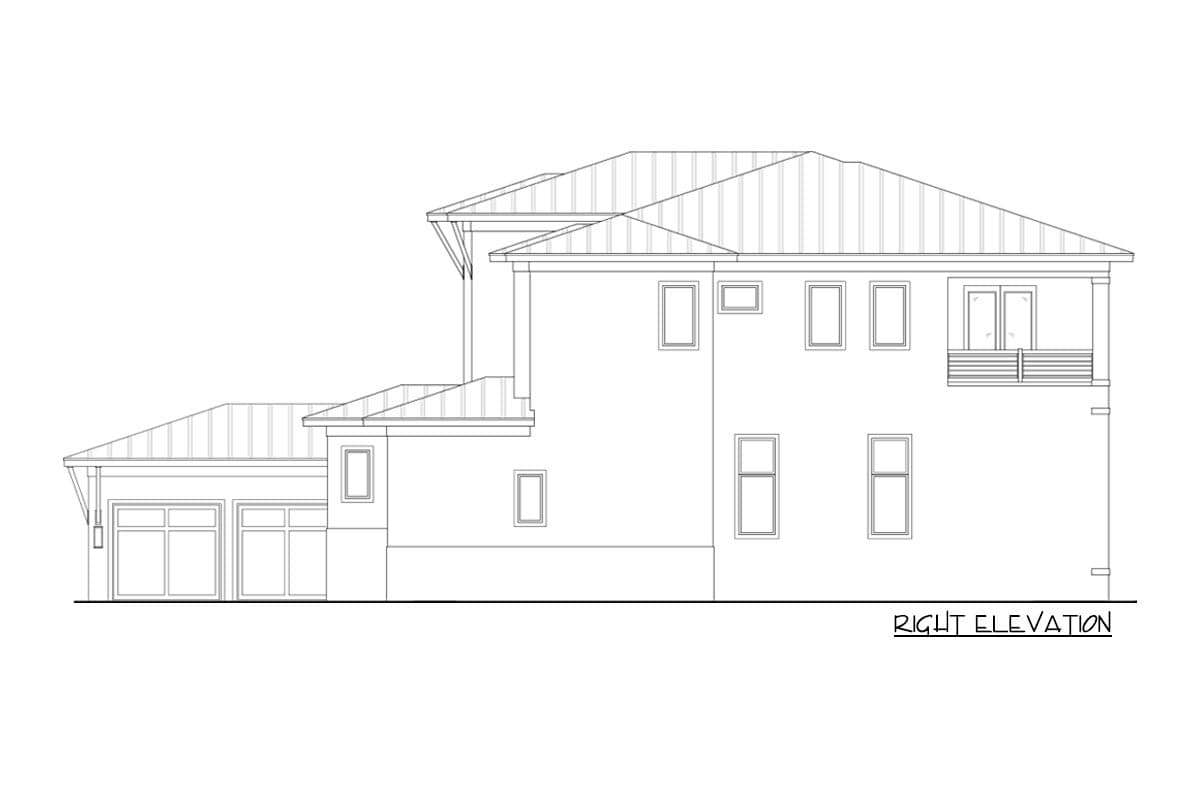 Right elevation house plan showing a three-car garage, multi-level rooflines, and a second-story balcony.