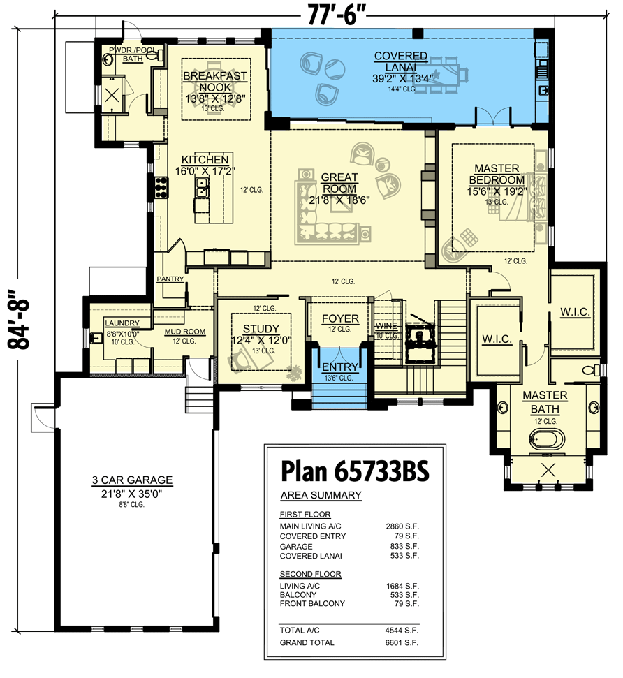 Plan 65733BS: Transitional Mediterranean House Plan with Covered Lanai and 2-Story Great Room - Floor Plan - Main Level - Contemporary, Florida-Style, Mediterranean, Transitional, Vacation