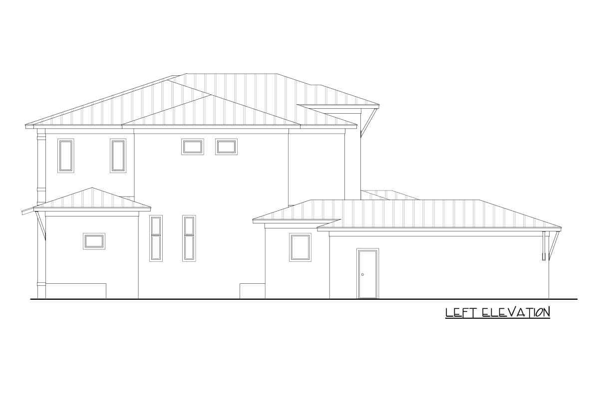 Left elevation drawing of a two-story house plan with a metal roof, gabled dormers, and a single-car garage.