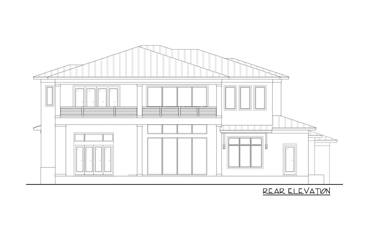 Rear elevation drawing of a two-story house with a metal roof, balconies, and numerous large windows.