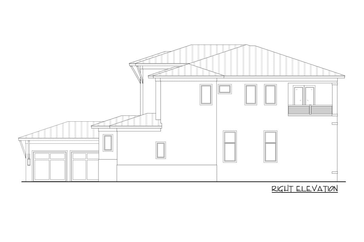 Right elevation drawing of a two-story house with a metal roof, attached two-car garage, and second-story balcony.