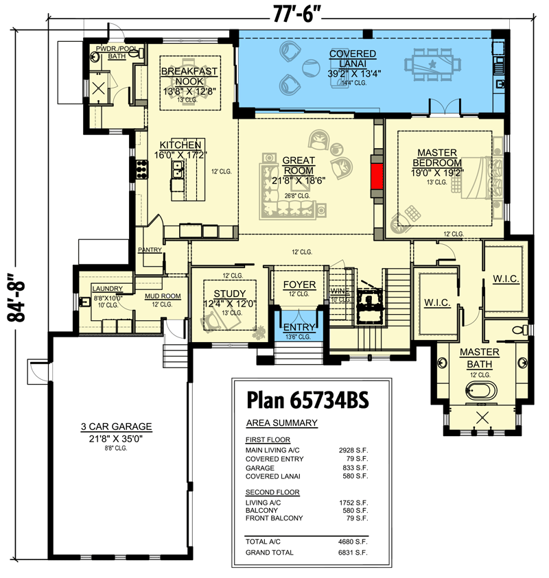 Plan 65734BS: Transitional 2-Story Mediterranean House Plan with Elevator and Outdoor Spaces on Both Floors - Floor Plan - Main Level - Coastal, Contemporary, European, Florida-Style, Mediterranean, Transitional, Vacation