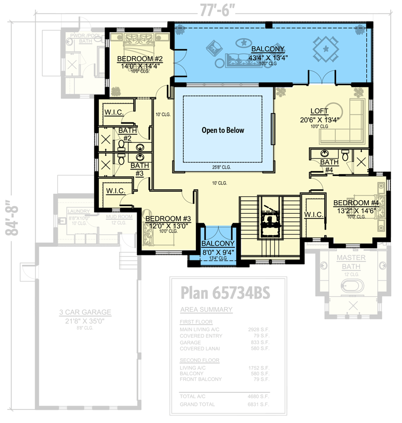 Plan 65734BS: Transitional 2-Story Mediterranean House Plan with Elevator and Outdoor Spaces on Both Floors - Floor Plan - 2nd Floor - Coastal, Contemporary, European, Florida-Style, Mediterranean, Transitional, Vacation
