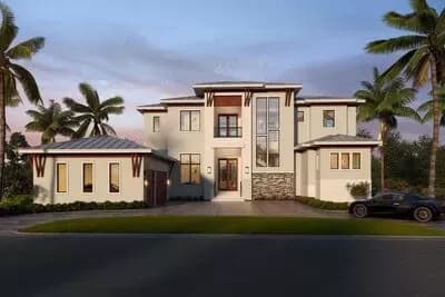 Transitional 2-Story Mediterranean House Plan with Elevator and Outdoor Spaces on Both Floors