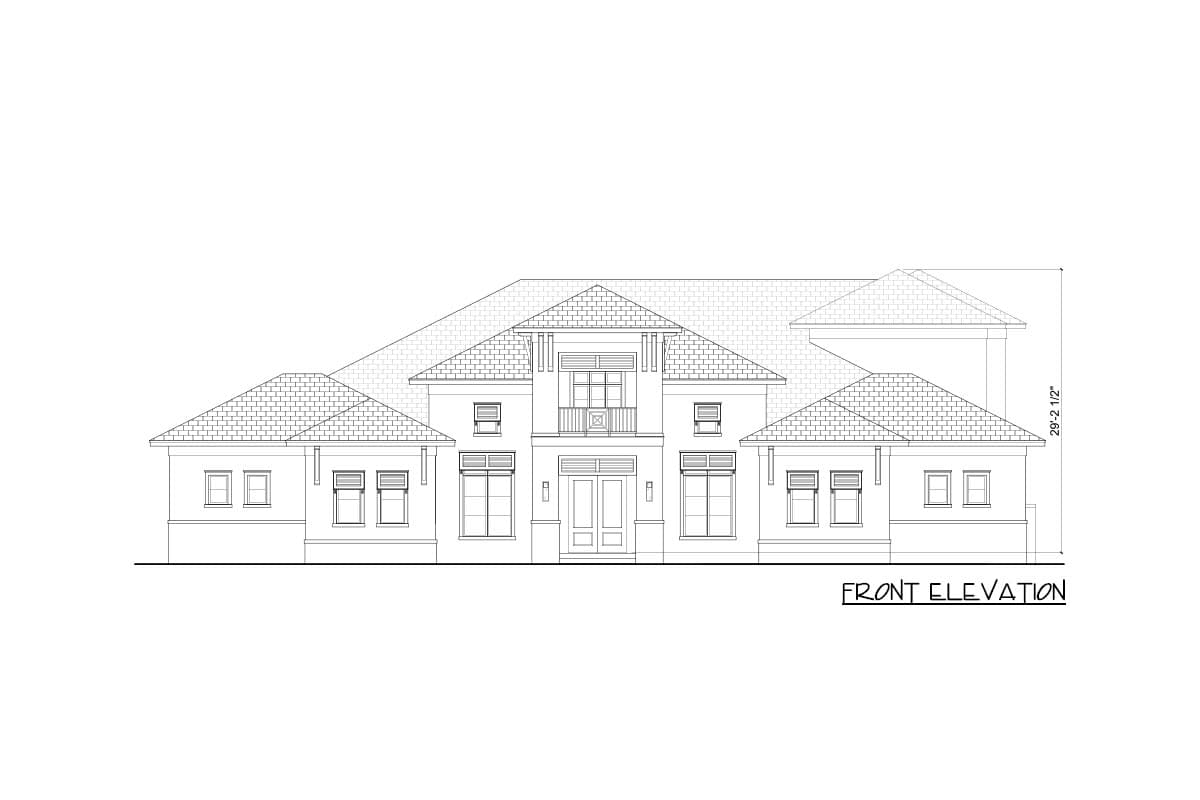 Front elevation drawing of a multi-story house plan with a central balcony and varied rooflines.