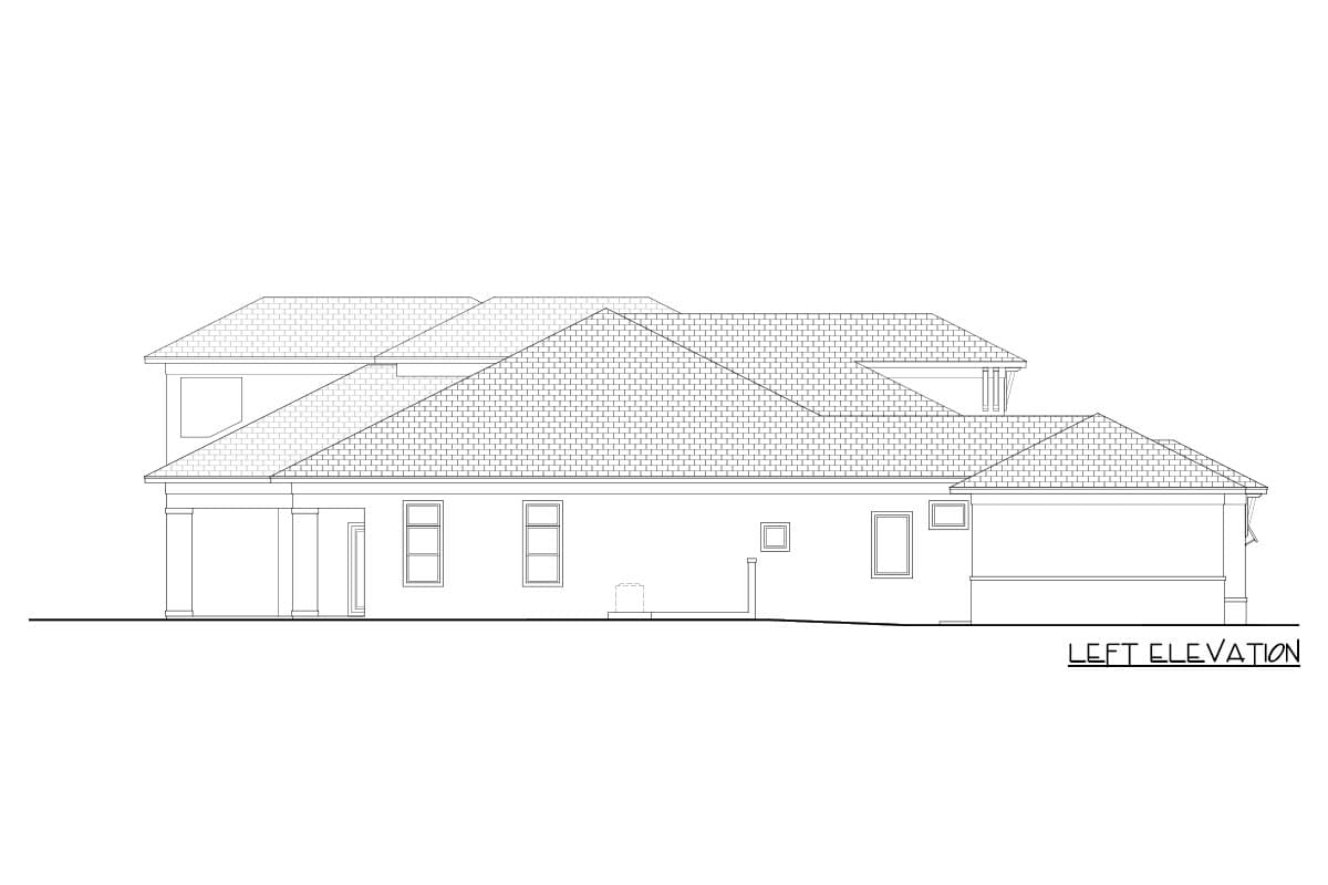 House plan left elevation showing multi-level rooflines, covered porch with columns, and numerous windows.