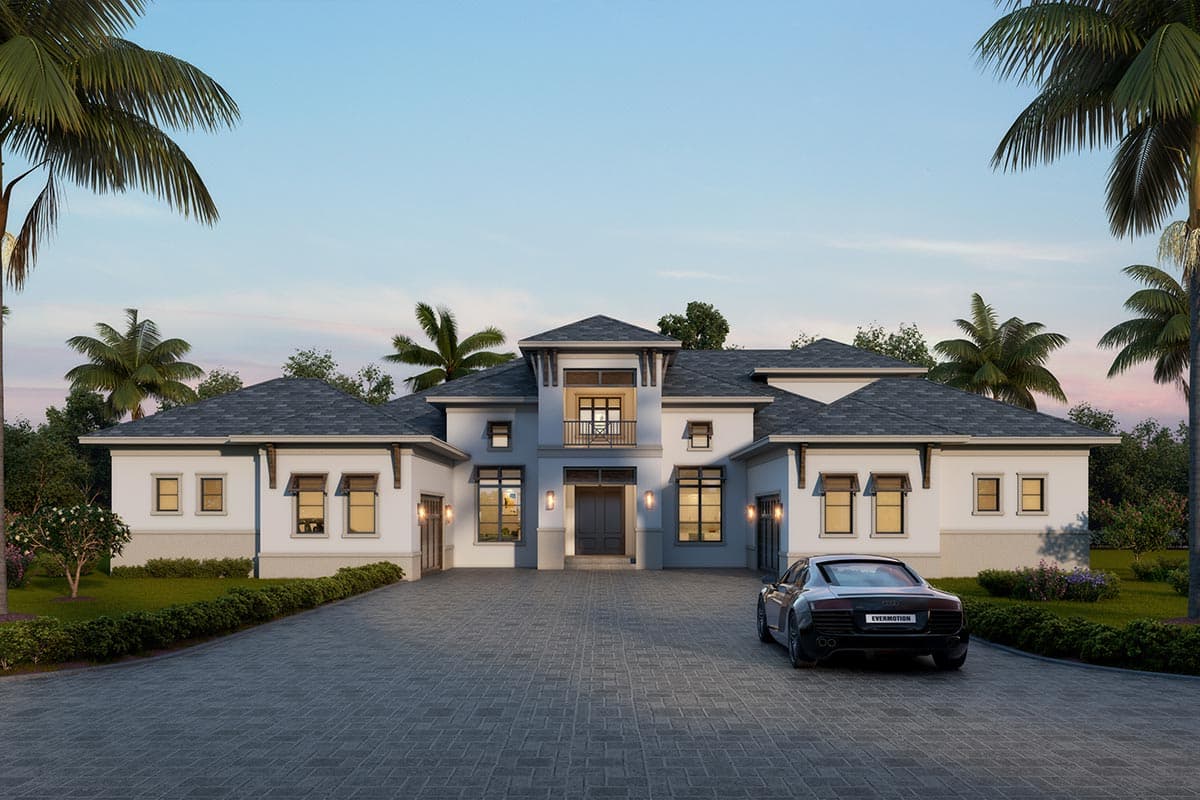 House plan exterior. Two-story, Mediterranean-style home with multiple rooflines, a balcony, and a motor court. A sports car is parked in front.