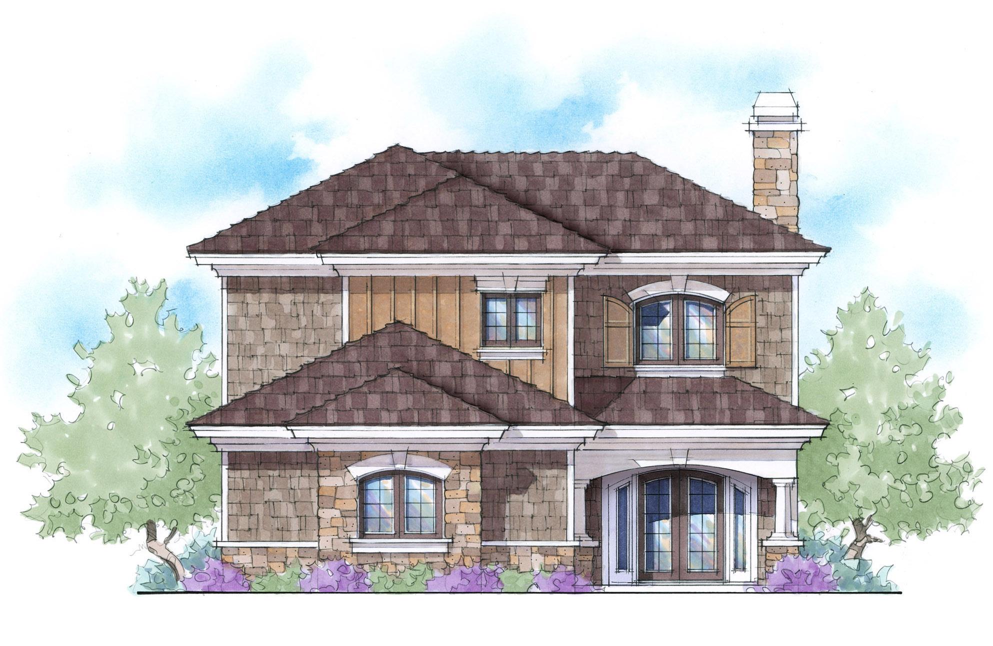 House plan exterior: Two-story home with stone and shingle siding, arched windows, and a covered entry porch.