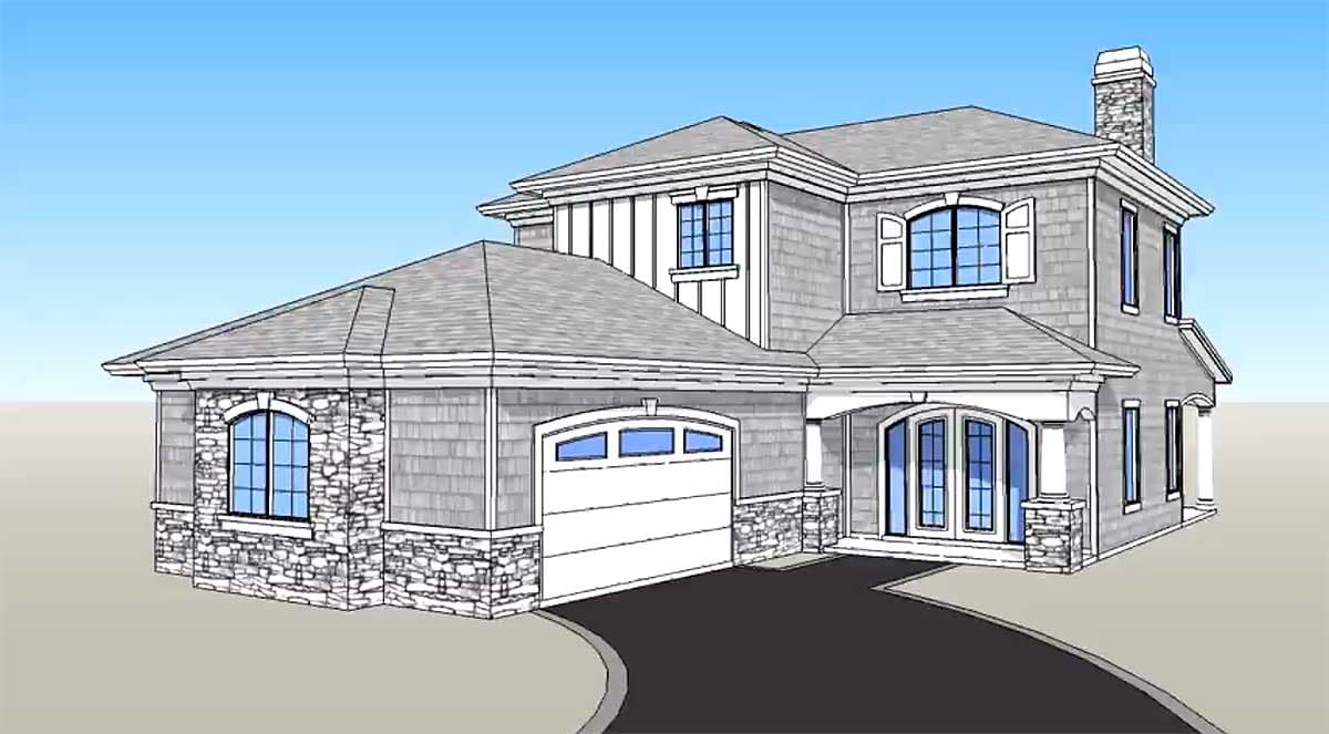 House plan exterior: two-story home with attached garage, stone accents, arched windows, and a covered entry with double doors.