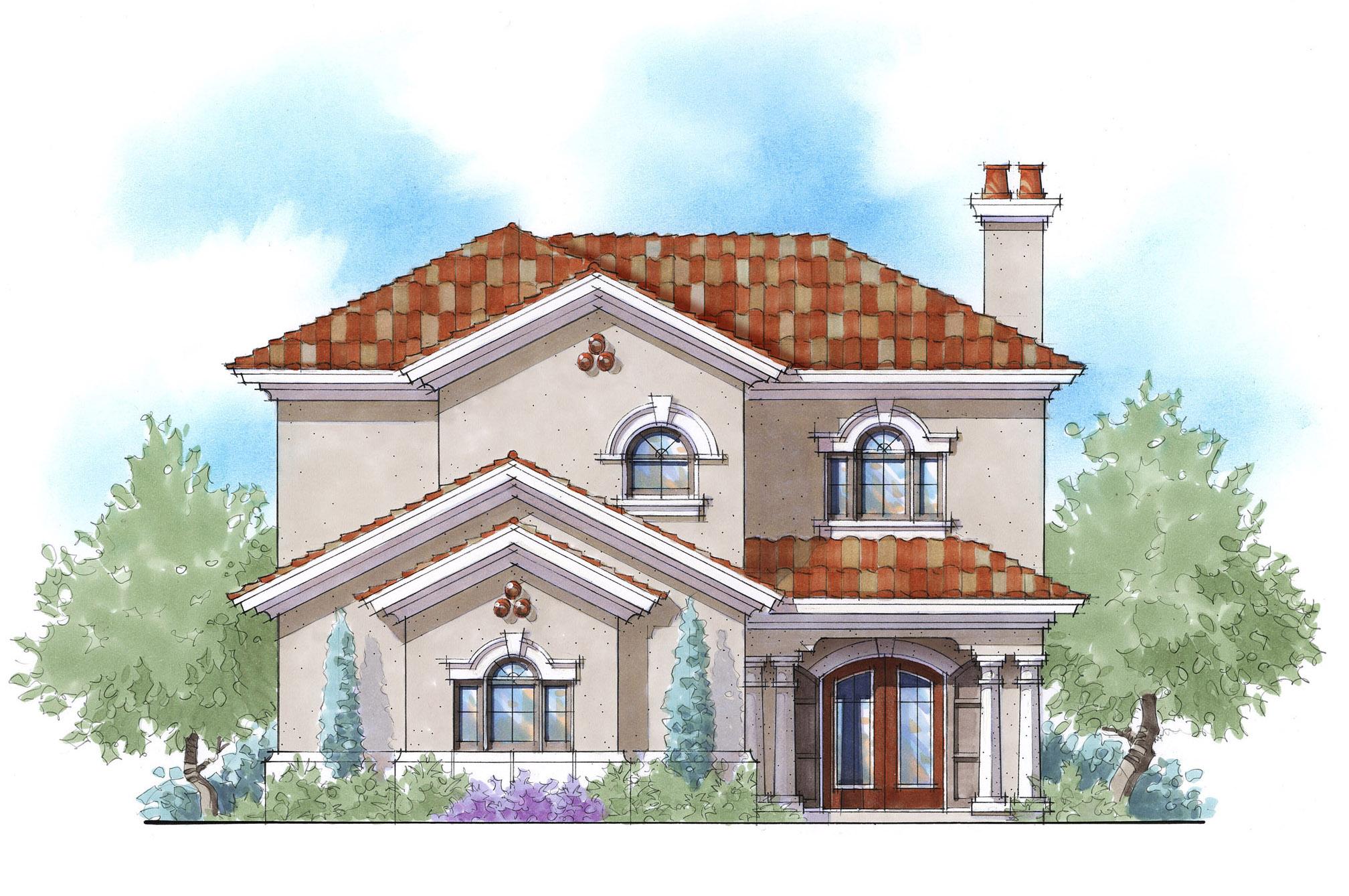 House plan exterior: Two-story Mediterranean style with arched windows, covered entryway, and tile roof.