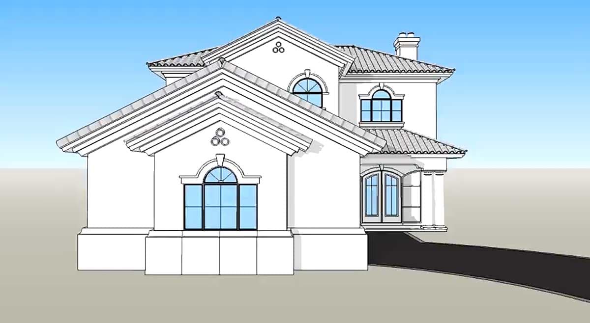 House plan exterior: Two-story Mediterranean style with tile roof, arched windows, and double doors.