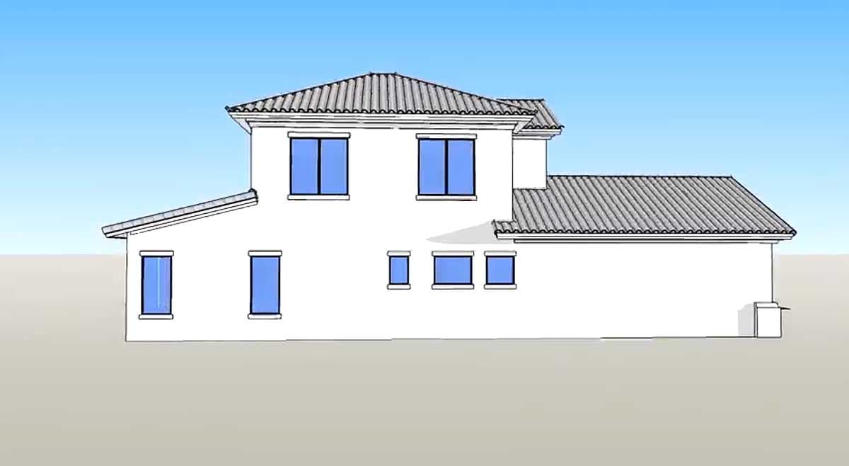 House plan exterior: Two-story structure with a low-slope roof, multiple windows, and a stucco finish. Displays a contemporary design.