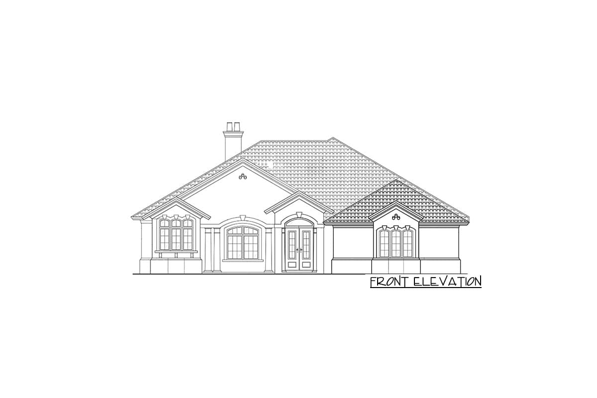 Front elevation drawing of a one-story house with a prominent hipped roof, arched entryway, and multiple bay windows.