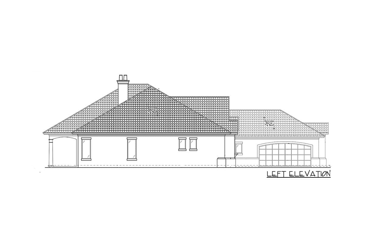 House plan left elevation shows a hip roof with a prominent chimney, arched garage door, and covered entrance.