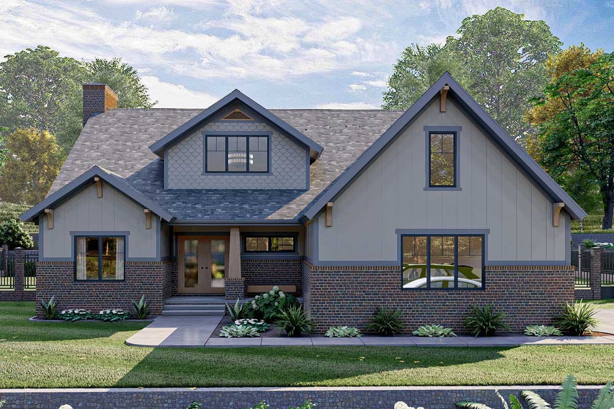 House plan exterior. Craftsman style, two stories, with gabled roof, dormer windows, and a brick facade at the base.