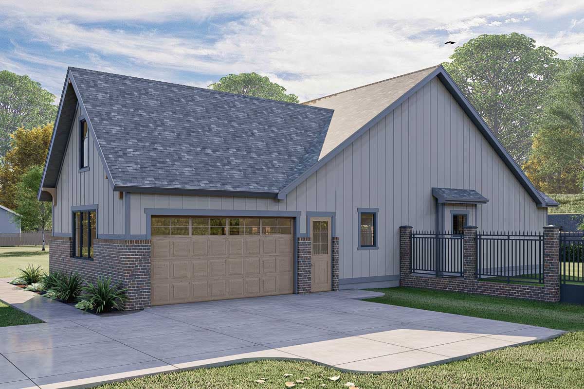 House plan exterior: Modern Farmhouse style, two stories, with a large garage door, prominent gables, and board and batten siding.