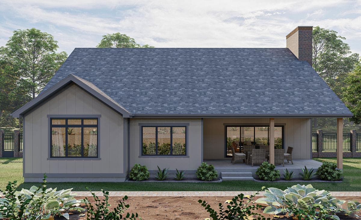 House plan exterior, single-story with gable, covered patio, and brick chimney.