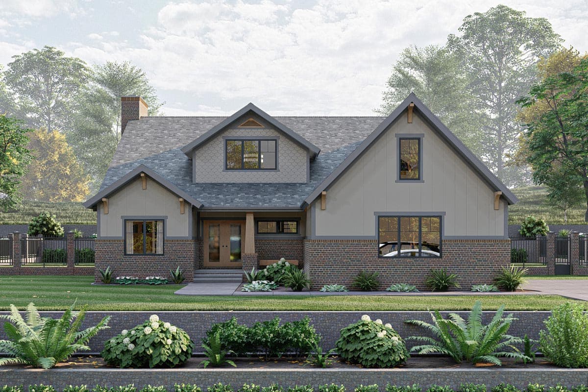 House plan exterior: Craftsman style, two stories, brick base, dormer, covered entry, and prominent gables.