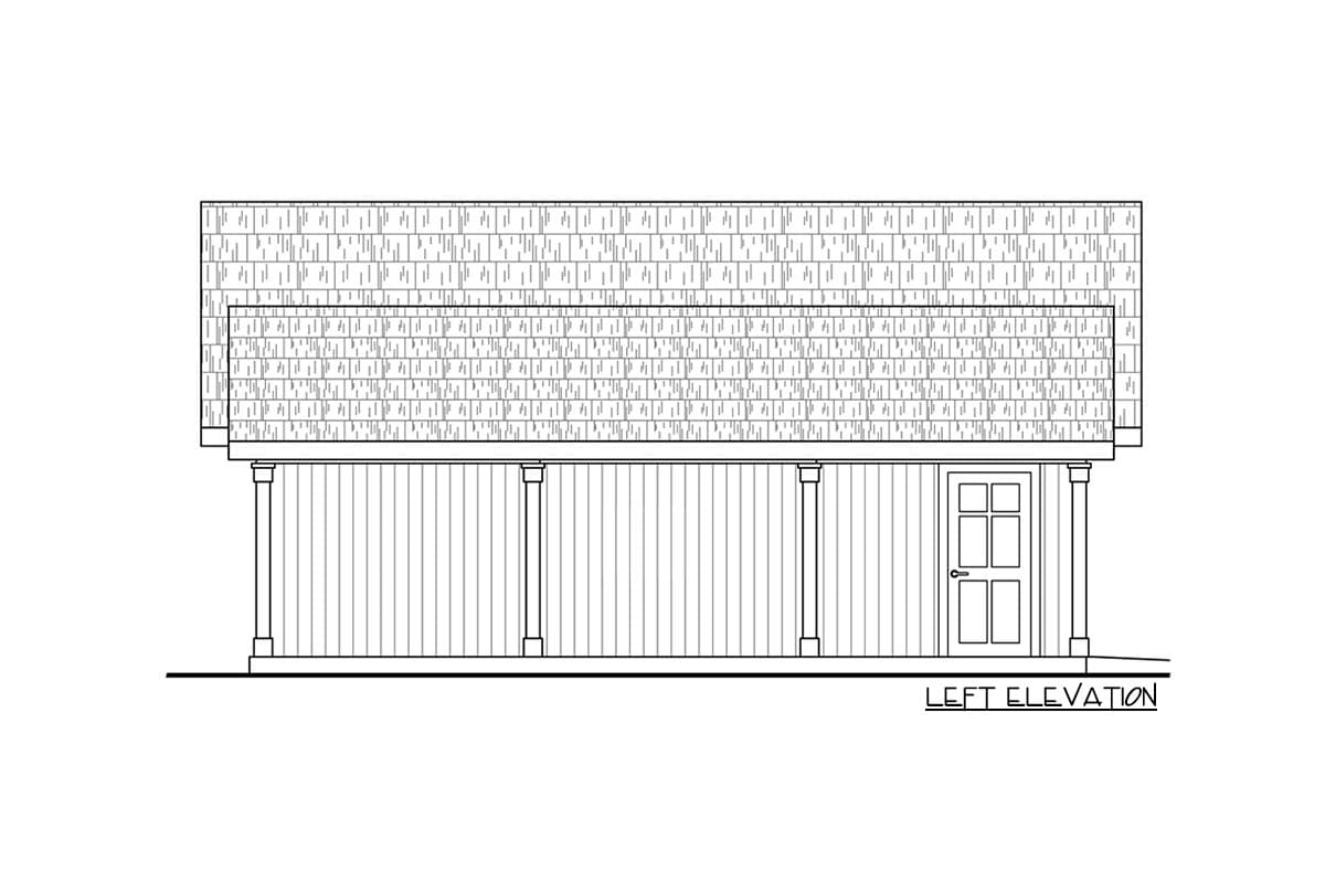 Left elevation drawing of a house plan showing a covered porch with pillars and a front door.