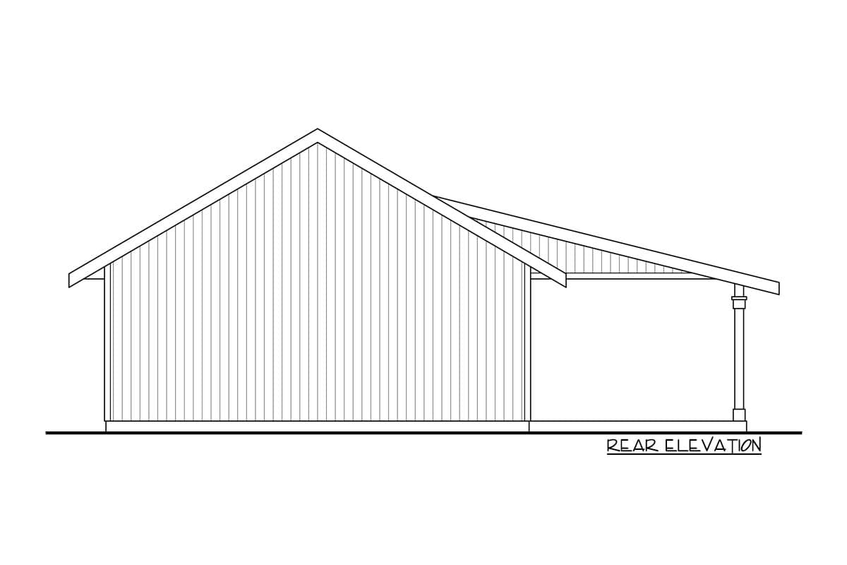 Rear elevation drawing of a single-story house plan with vertical siding and a covered porch supported by a single column.