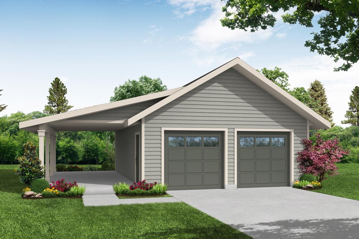 House plan exterior with two-car garage and attached carport. Features include a gable roof, covered porch, and horizontal siding.