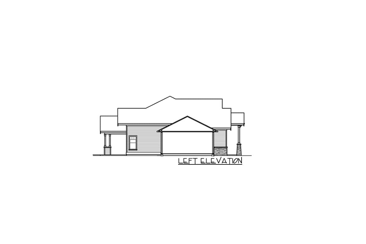 Left elevation drawing of a house plan showing a covered porch, gabled roof, and vinyl siding.