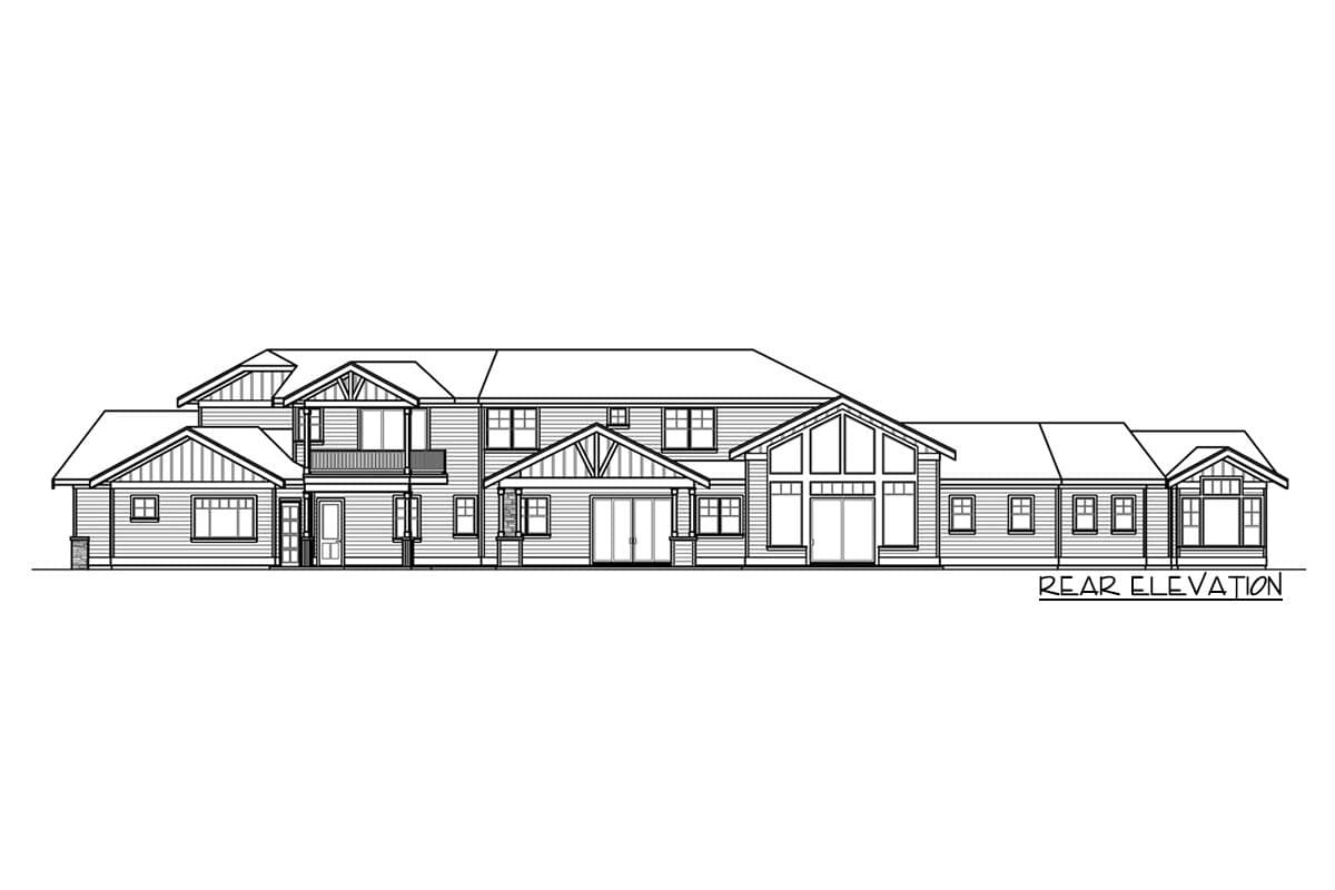 Rear elevation house plan with multiple gables, covered entry, second-story balcony, and large windows.