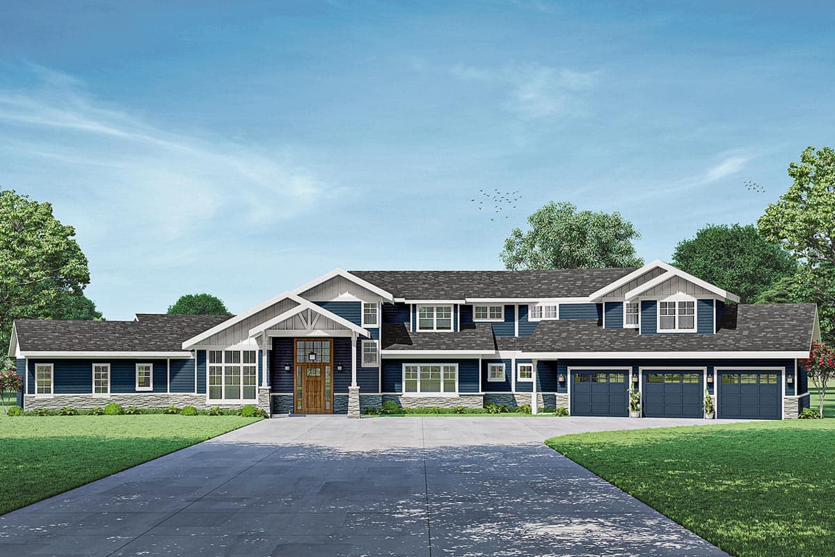House plan exterior. Two-story home with Craftsman style entry, multiple gables, and attached garage. Features dark blue siding and a large driveway.