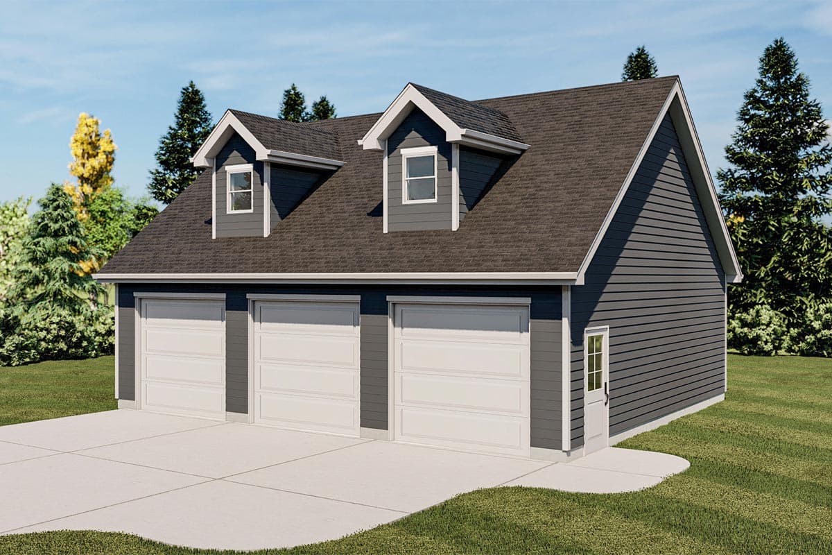 House plan exterior with a three-car garage. Features include a gabled roof, dormers, and a side entry door. Dark siding with white trim.