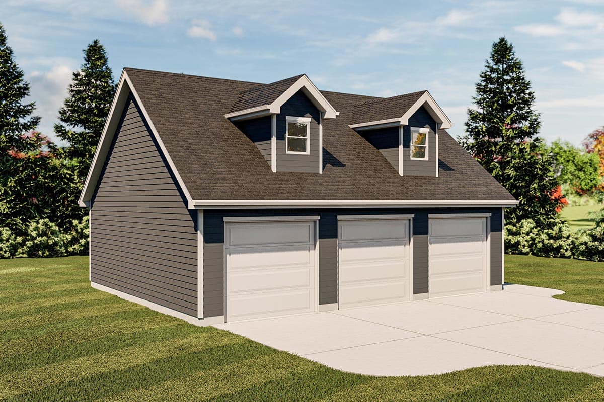 House plan exterior featuring a three-car garage with a steeply pitched roof, dormer windows, and gray horizontal siding.