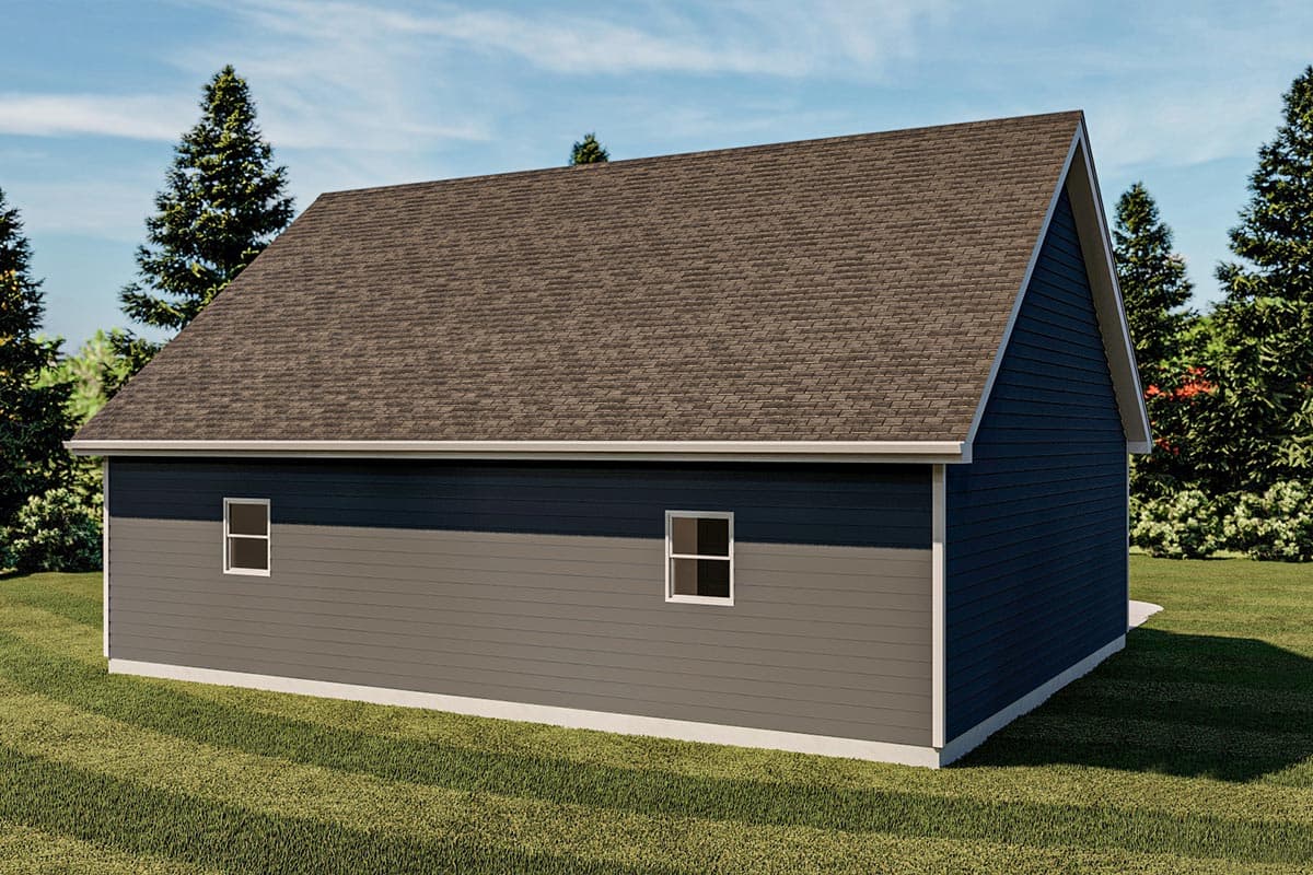 House plan exterior, one-story structure with a gable roof, horizontal siding, and two windows.