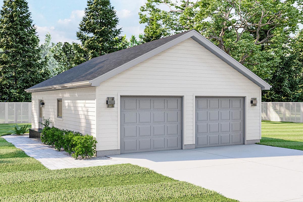 House plan exterior. Two-car garage with gabled roof, horizontal siding, and two paneled garage doors. Features include exterior lighting.