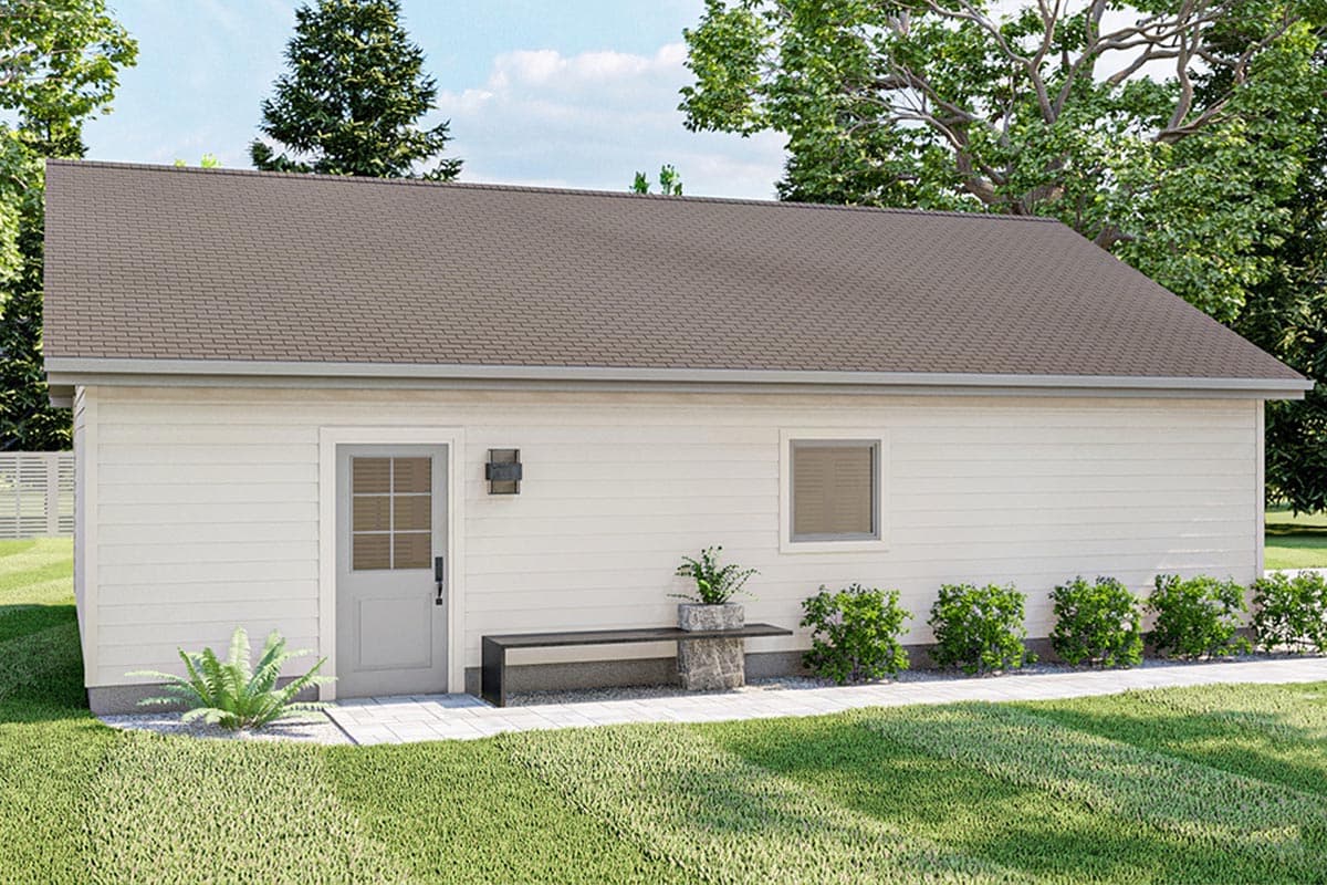 House plan exterior: Rectangular building with a single door, one window, and a gabled roof.