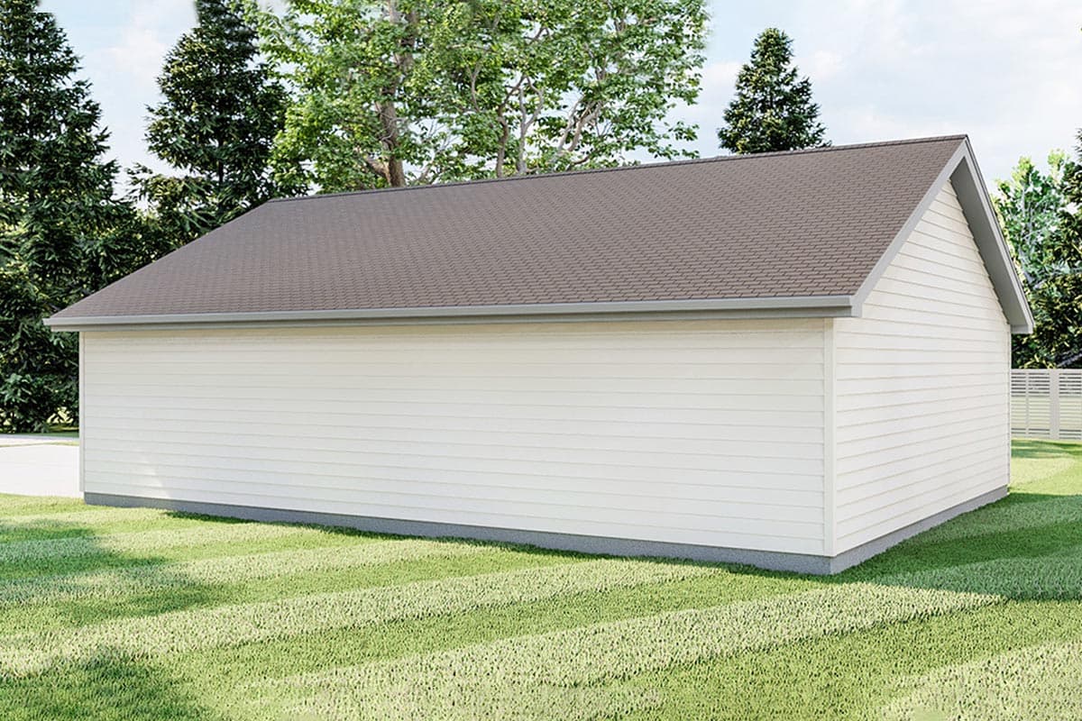 House plan exterior: Single-story structure with horizontal siding, gable roof, and attached garage.