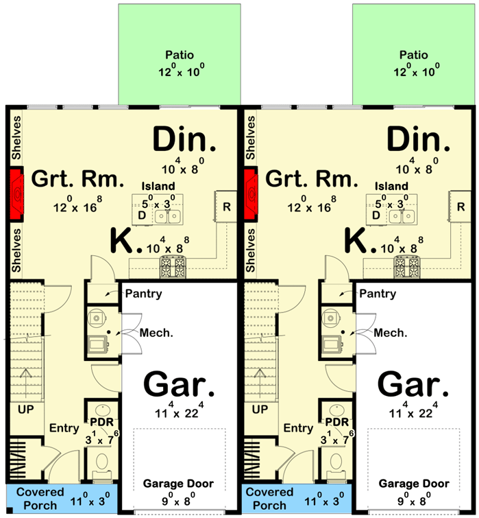 Plan 623049DJ: Traditional Duplex House Plan with Matching 3 Bed, 3 Bath Units - 1464 Sq Ft Each - Floor Plan - Main Level - Traditional