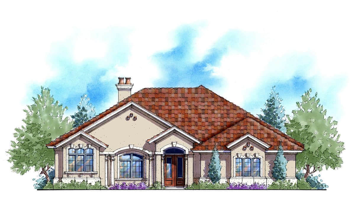 House plan exterior: One-story house with arched entry, tile roof, prominent gables, and arched windows.