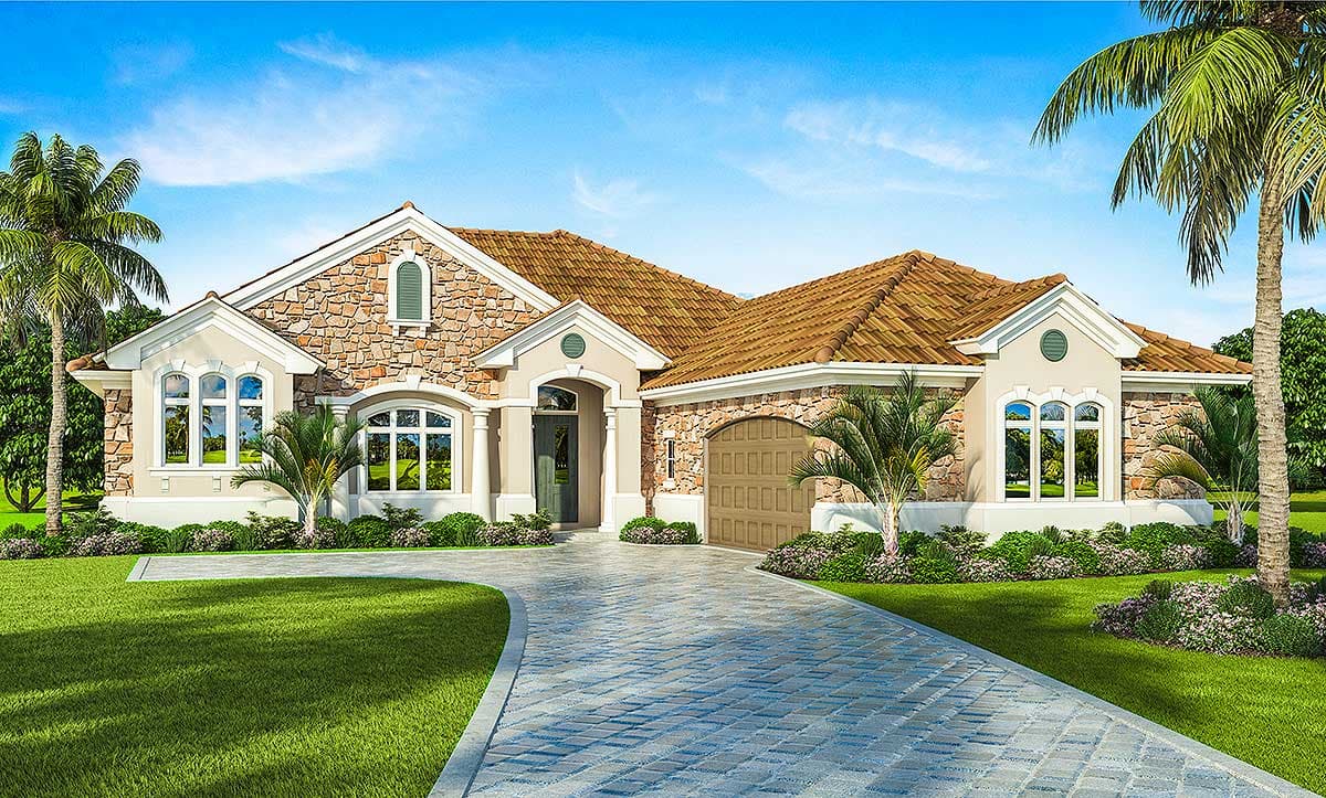 House plan exterior with stone veneer facade, barrel tile roof, arched entryway, and attached garage. Includes arched and Palladian windows.