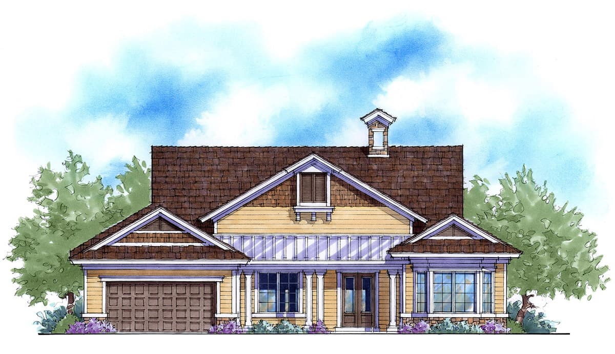 House plan exterior rendering. Features include a Craftsman style, a single story, gabled roof, dormers, and a front porch with columns.