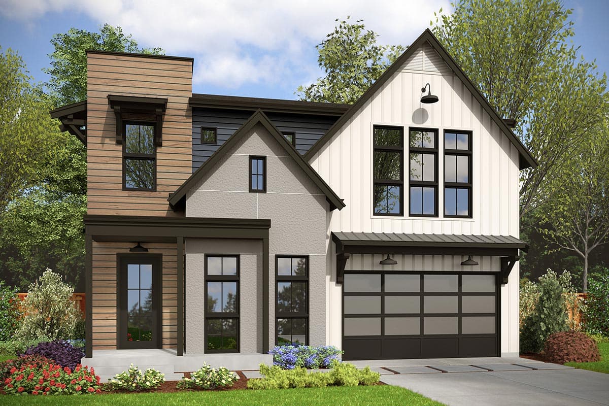 House plan exterior. Modern Farmhouse design, two stories. Features include gabled roof, mixed siding, and a garage door with glass panels.