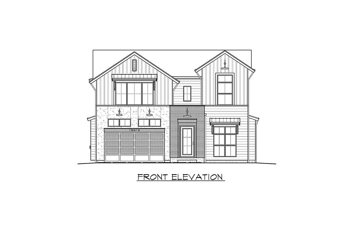 Front elevation drawing of a two-story house with a two-car garage, gabled rooflines, and mixed siding and stone exterior.