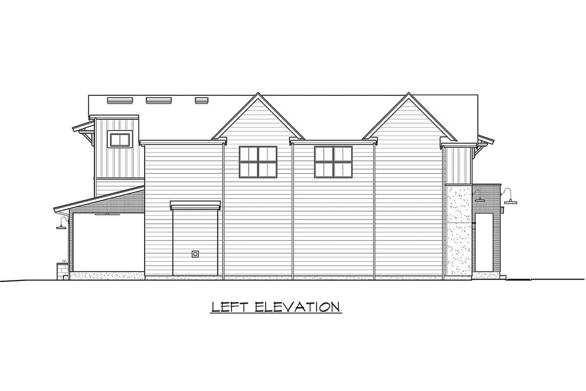 Left elevation drawing of a two-story house with gables, dormers, horizontal siding, and a detached garage.