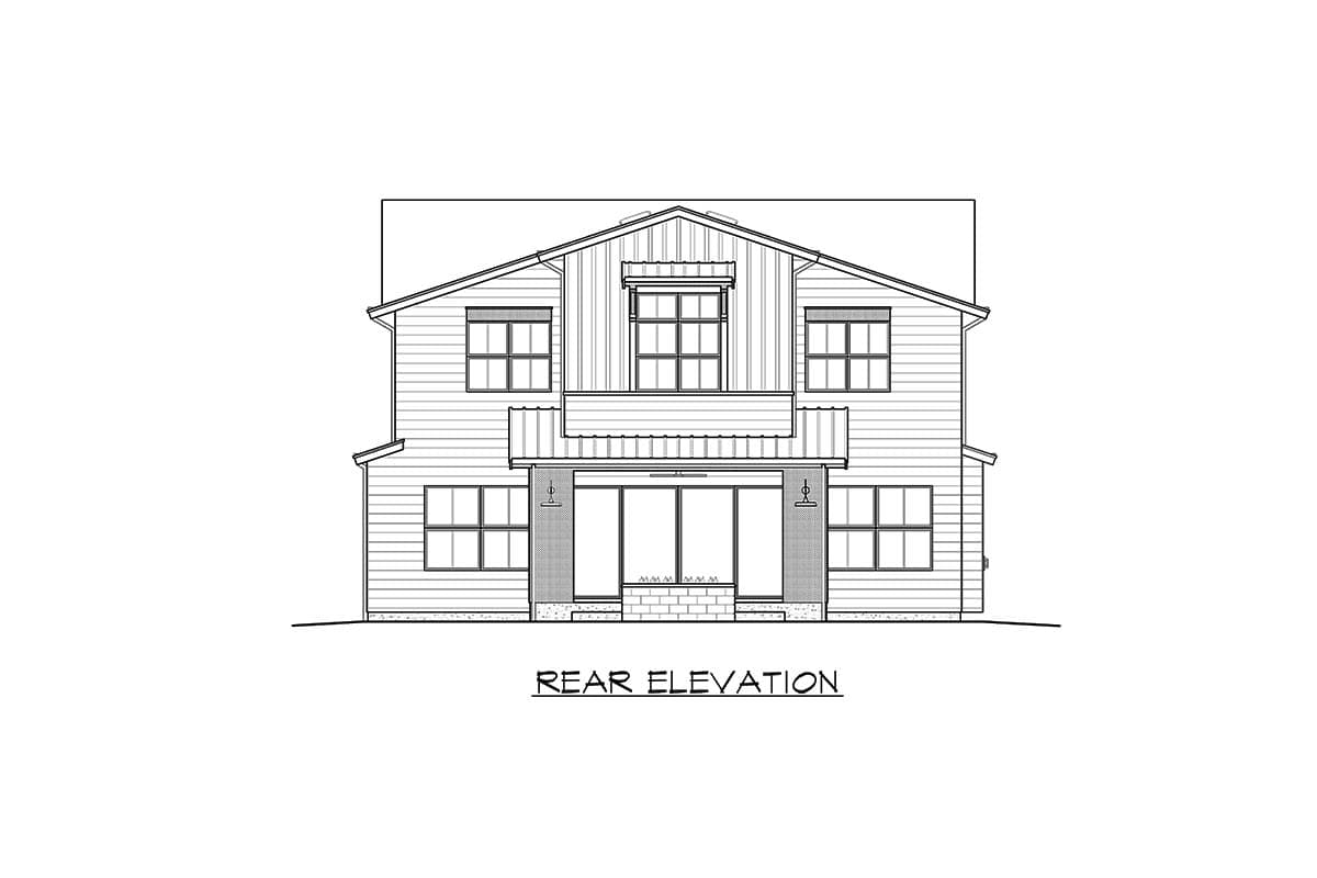 Rear elevation drawing of a two-story house plan with a gabled roof, central dormer, and covered porch with sliding glass doors.